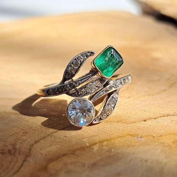 Art Nouveau Antique Emerald and Diamond Dress Ring, stunning antique old cut diamond and emerald ring from the decorative Art Nouveau era in 18ct gold