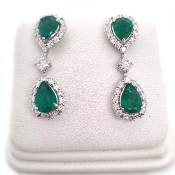 3.65ct Pear Cut Emerald and 1.97ct Diamond Double Cluster Drop Earrings, pear-cut emerald and diamond cluster tops suspend another cluster drops via diamond solitaire links in 18ct white gold