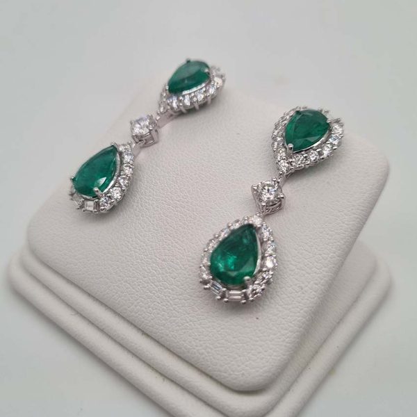 3.65ct Pear Cut Emerald and 1.97ct Diamond Double Cluster Drop Earrings in 18ct White Gold