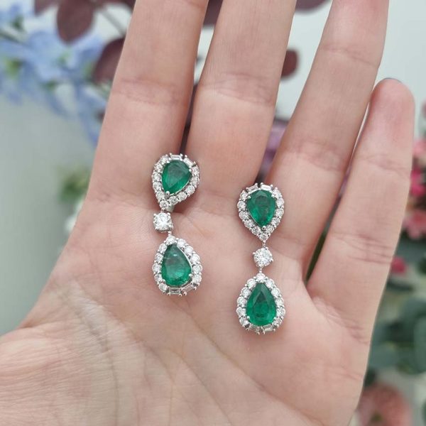 3.65ct Pear Cut Emerald and 1.97ct Diamond Double Cluster Drop Earrings in 18ct White Gold