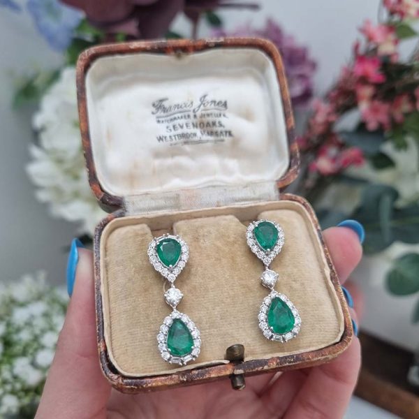 3.65ct Pear Cut Emerald and 1.97ct Diamond Double Cluster Drop Earrings in 18ct White Gold
