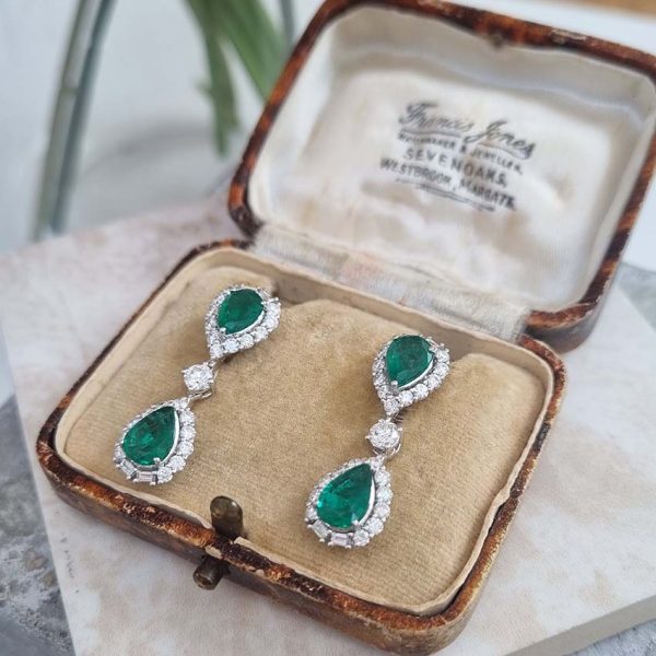 3.65ct Pear Cut Emerald and 1.97ct Diamond Double Cluster Drop Earrings in 18ct White Gold