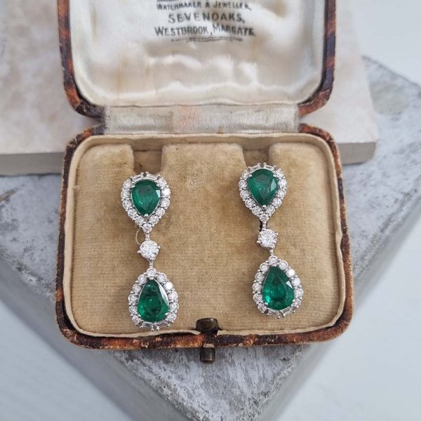 3.65ct Pear Cut Emerald and 1.97ct Diamond Double Cluster Drop Earrings in 18ct White Gold