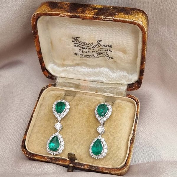 3.65ct Pear Cut Emerald and 1.97ct Diamond Double Cluster Drop Earrings, pear-cut emerald and diamond cluster tops suspend another cluster drops via diamond solitaire links in 18ct white gold