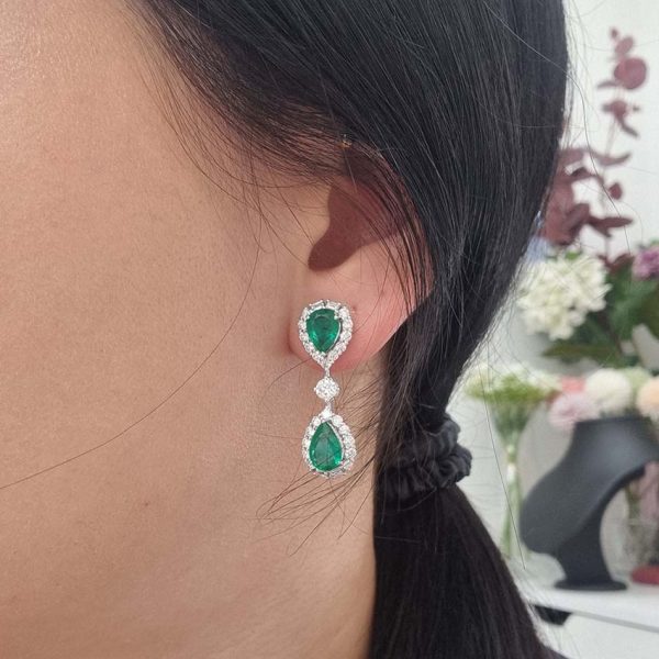 3.65ct Pear Cut Emerald and 1.97ct Diamond Double Cluster Drop Earrings in 18ct White Gold