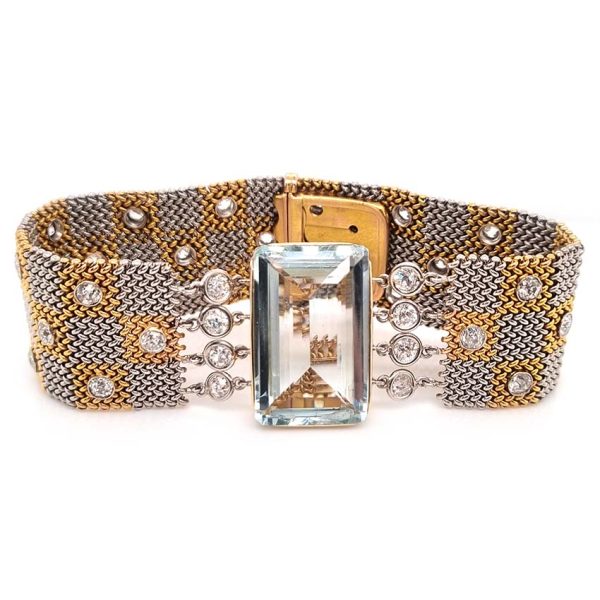 25ct Aquamarine and Diamond Set Bi Colour Gold Mesh Bracelet, square shaped 18ct yellow and white gold woven panels accented with diamonds to large rectangular step-cut aquamarine flanked by diamonds