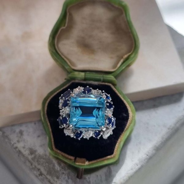 Vintage 12ct Aquamarine with Marquise Diamond and Sapphire Cluster Cocktail Ring in iridium and platinum. Circa 1960s