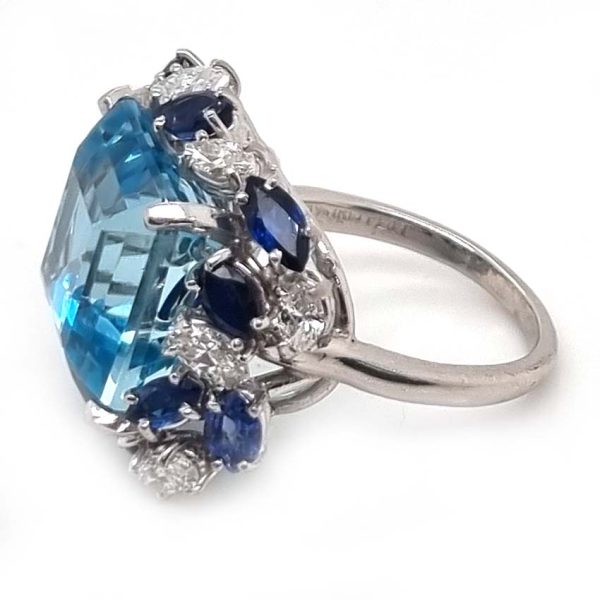 Vintage 12ct Aquamarine with Marquise Diamond and Sapphire Cluster Cocktail Ring in iridium and platinum. Circa 1960s
