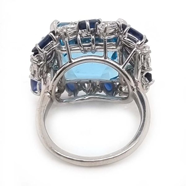 Vintage 12ct Aquamarine with Marquise Diamond and Sapphire Cluster Cocktail Ring in iridium and platinum. Circa 1960s