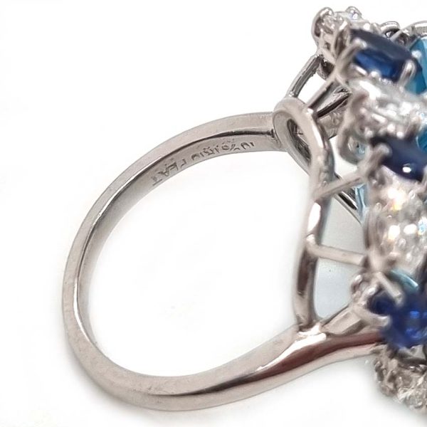 Vintage 12ct Aquamarine with Marquise Diamond and Sapphire Cluster Cocktail Ring in iridium and platinum. Circa 1960s