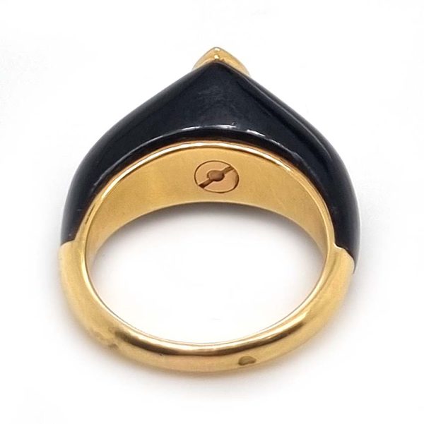 Vintage French Mauboussin Black Enamel and Diamond Ring, Signed and numbered, three sparkling diamonds in a navette/marquise shaped setting atop a domed black enamel mount in 18ct yellow gold