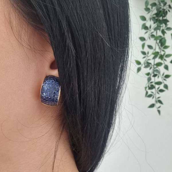 Vintage French Square Cut Sapphire Half Hoop Earrings, 18ct yellow gold half hoop earrings are invisibly set with 156 square French cut sapphires with articulated post and clip fitting. Circa 1980s