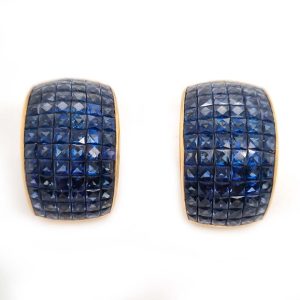 Vintage French Square Cut Sapphire Half Hoop Earrings, 18ct yellow gold half hoop earrings are invisibly set with 156 square French cut sapphires with articulated post and clip fitting. Circa 1980s