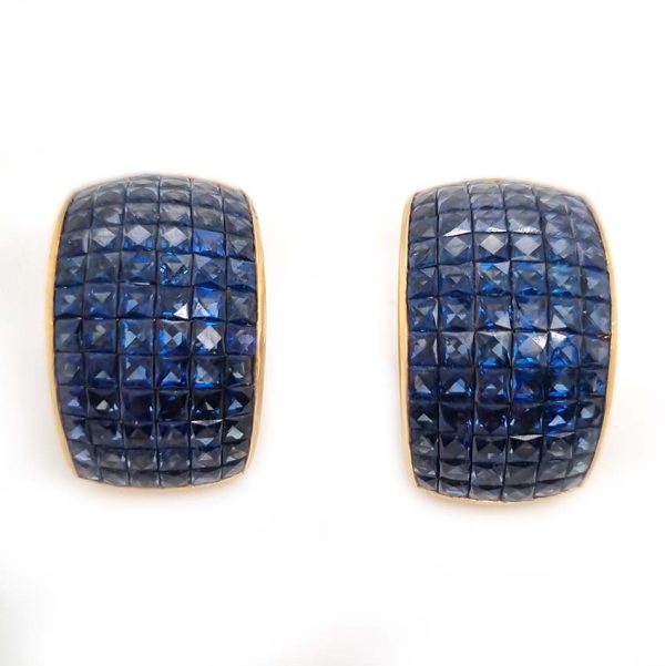 Vintage French Square Cut Sapphire Half Hoop Earrings, 18ct yellow gold half hoop earrings are invisibly set with 156 square French cut sapphires with articulated post and clip fitting. Circa 1980s