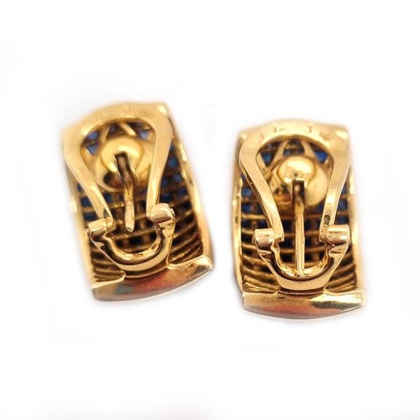 Vintage French Square Cut Sapphire Half Hoop Earrings, 18ct yellow gold half hoop earrings are invisibly set with 156 square French cut sapphires with articulated post and clip fitting. Circa 1980s