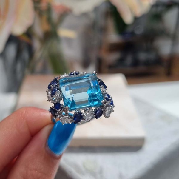 Vintage 12ct Aquamarine with Marquise Diamond and Sapphire Cluster Cocktail Ring in iridium and platinum. Circa 1960s