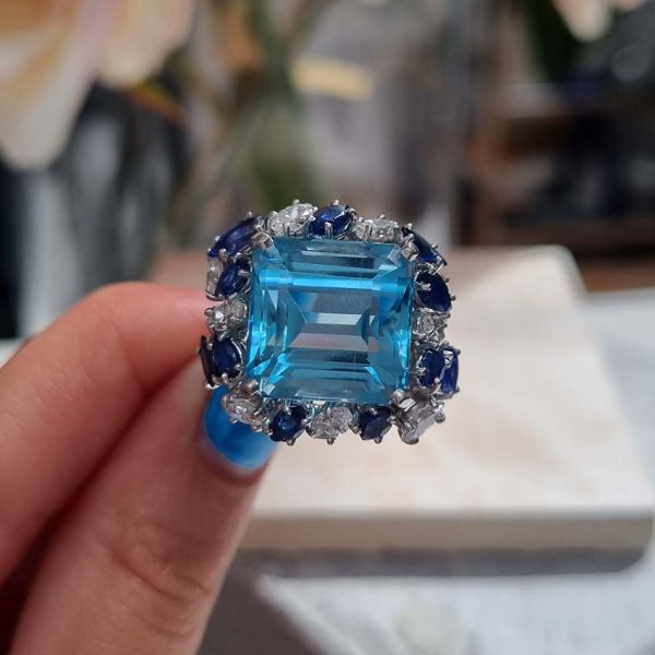 Vintage 12ct Aquamarine with Marquise Diamond and Sapphire Cluster Cocktail Ring in iridium and platinum. Circa 1960s