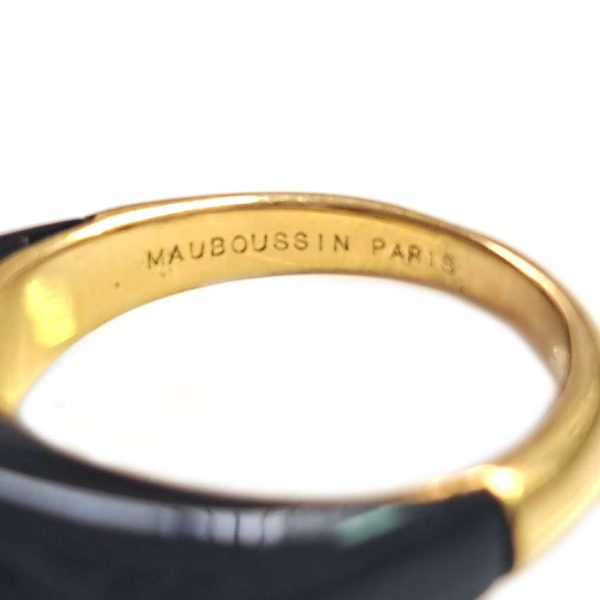 Vintage French Mauboussin Black Enamel and Diamond Ring, Signed and numbered, three sparkling diamonds in a navette/marquise shaped setting atop a domed black enamel mount in 18ct yellow gold