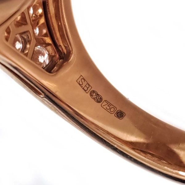 Bvlgari Pave Diamond Oval Panel Statement Ring in 18ct Rose Gold, central curved oval panel section pave-set with sparkling diamonds encased within gold border engraved with the iconic BVLGARI BVLGARI