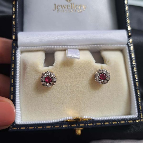 Ruby and Diamond Cluster Stud Earrings in Silver upon Gold