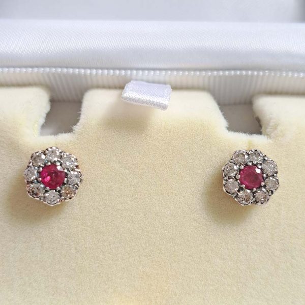 Ruby and Diamond Cluster Stud Earrings in Silver upon Gold