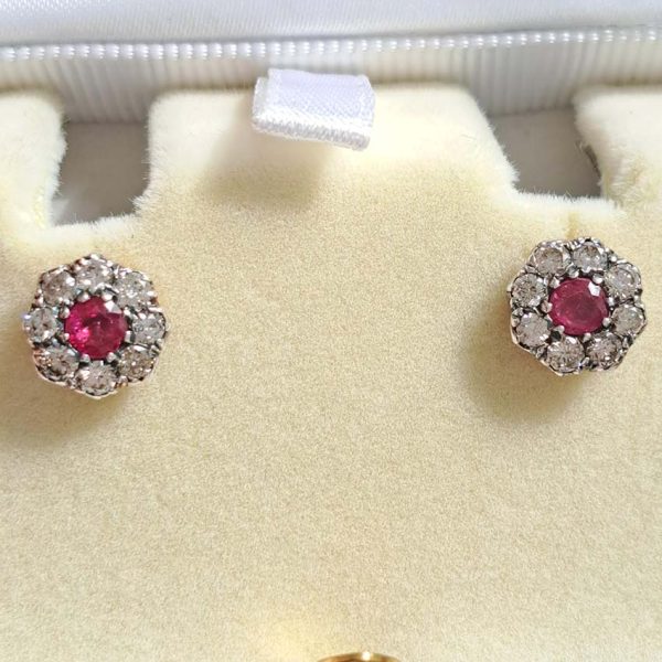 Ruby and Diamond Cluster Stud Earrings in Silver upon Gold