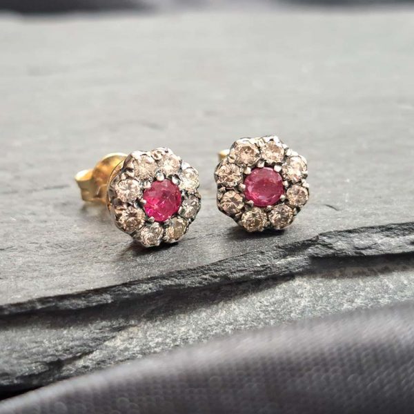 Ruby and Diamond Cluster Stud Earrings in Silver upon Gold