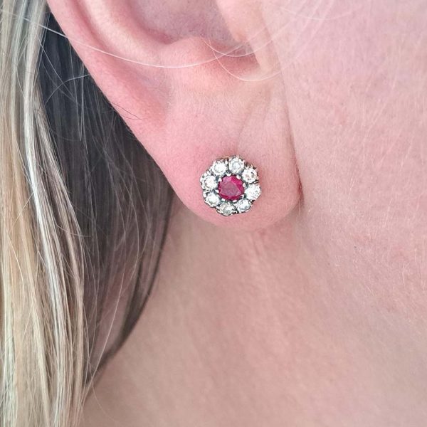 Ruby and Diamond Cluster Stud Earrings in Silver upon Gold