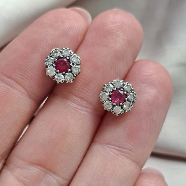 Ruby and Diamond Cluster Stud Earrings in Silver upon Gold