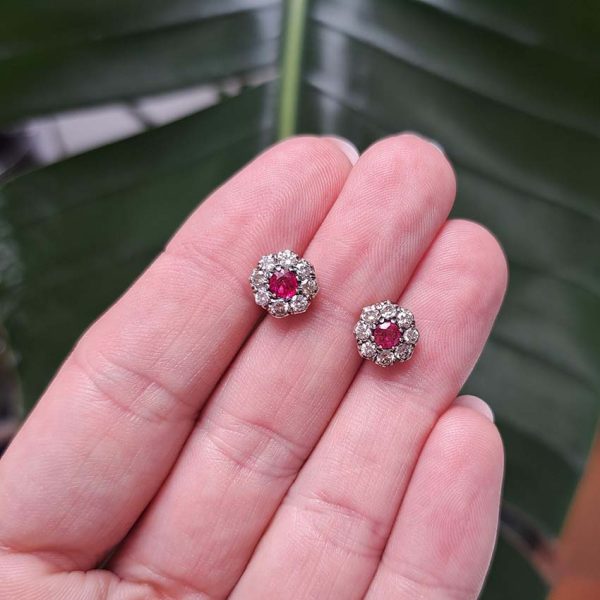 Ruby and Diamond Cluster Stud Earrings in Silver upon Gold