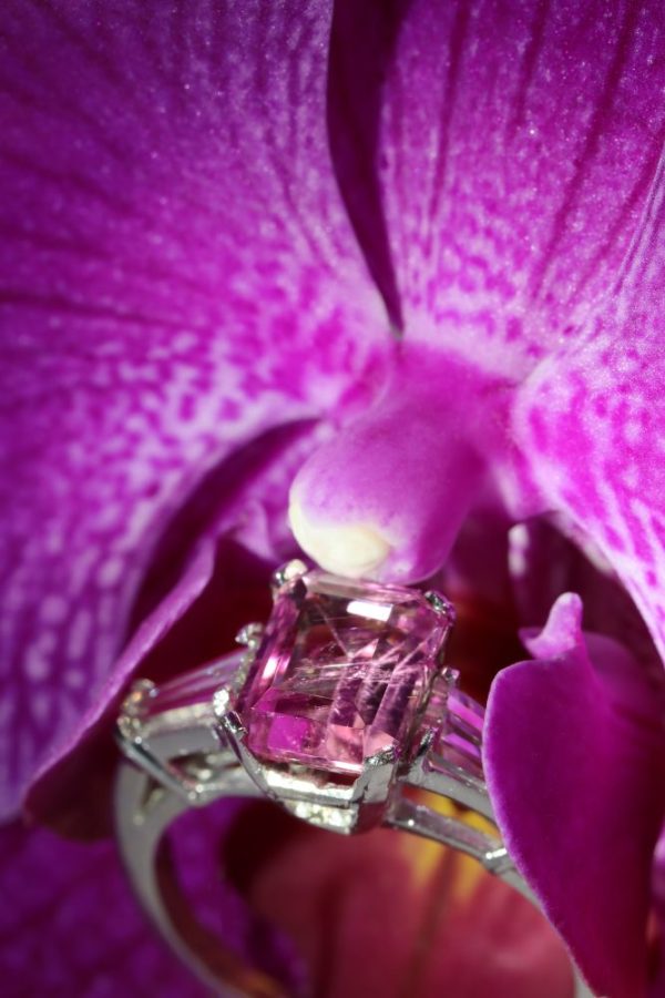 Vintage rubelite and diamond engagement ring in platinum.