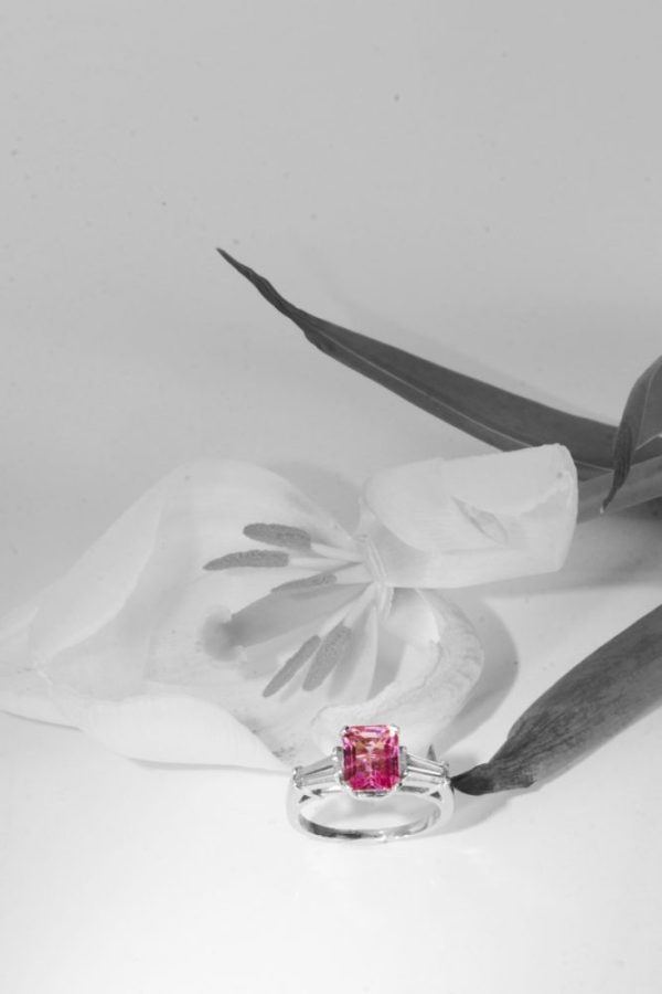 Vintage rubelite and diamond engagement ring in platinum.