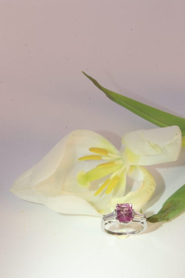 Vintage rubelite and diamond engagement ring in platinum.