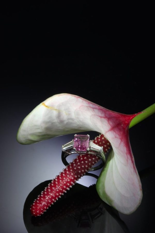Vintage rubelite and diamond engagement ring in platinum.