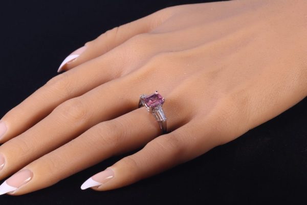 Vintage rubelite and diamond engagement ring in platinum.