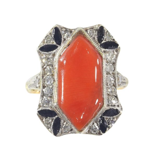 Art Deco diamond, coral and enamel ring in gold.