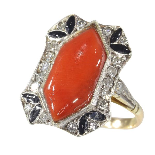 Art Deco diamond, coral and enamel ring in gold.