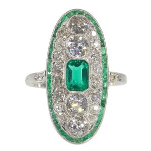 Art Deco Colombian Emerald and Diamond Panel Dress Ring