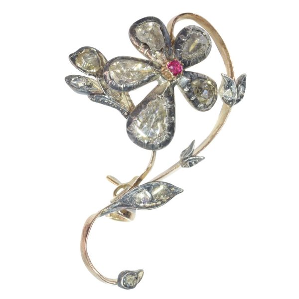 Victorian diamond and ruby brooch in gold and silver.