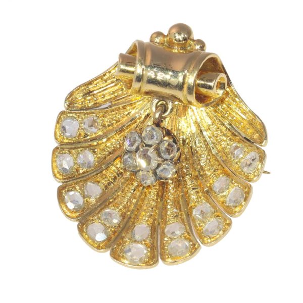 Victorian Antique Rose Cut Diamond Set Gold Shell Brooch