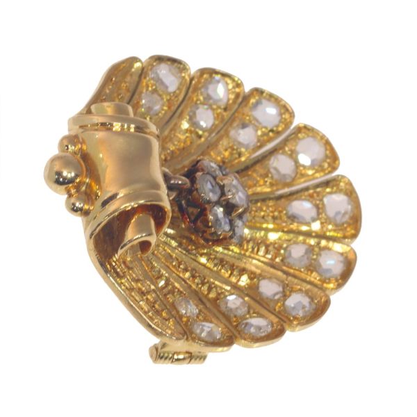 Victorian Antique Rose Cut Diamond Set Gold Shell Brooch