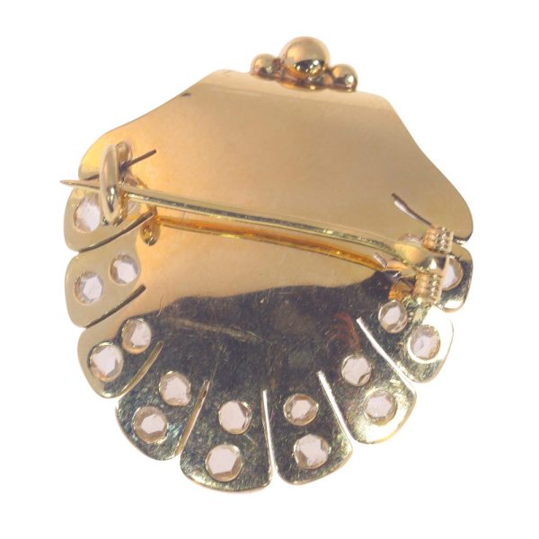 Victorian Antique Rose Cut Diamond Set Gold Shell Brooch
