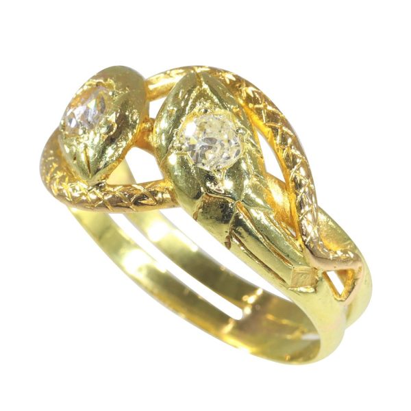 Victorian gold and diamond snake ring two heads