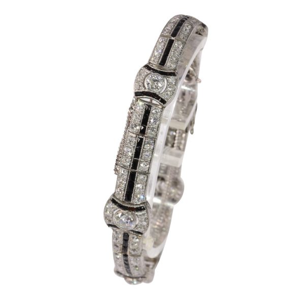 Art Deco diamond and onyx bracelet in platinum.