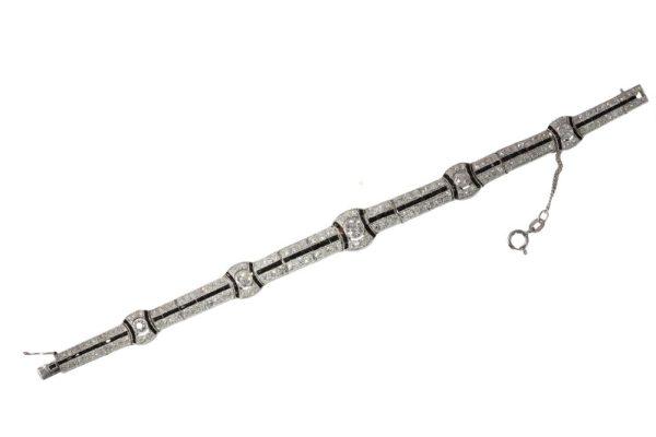 Art Deco Old Cut Diamond And Onyx Bracelet In Platinum