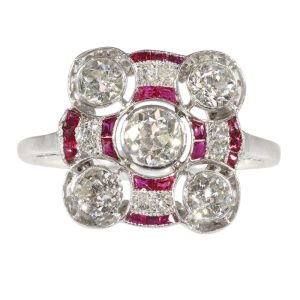 1920sArt Deco Ruby and Diamond Square Target Engagement Ring