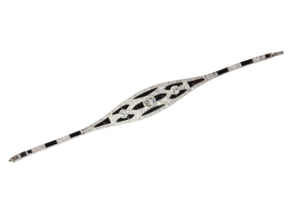 Art Deco diamond and onyx bracelet in platinum.
