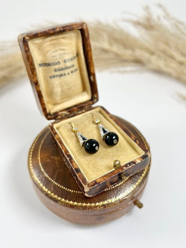 Antique 18ct Gold & Platinum, Edwardian Diamond, Sapphire, Onyx Drop Dangle Earrings