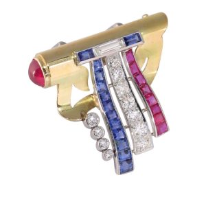 Vintage patriotic brooch with diamonds, rubies and sapphires in gold and platinum.