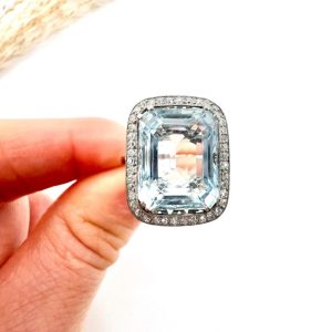 Vintage aquamarine and diamond ring in platinum.